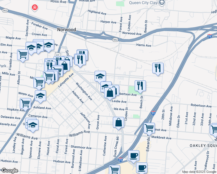 map of restaurants, bars, coffee shops, grocery stores, and more near 2322 Robertson Avenue in Cincinnati