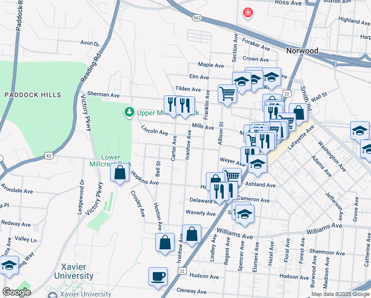 map of restaurants, bars, coffee shops, grocery stores, and more near 1832 Weyer Avenue in Cincinnati
