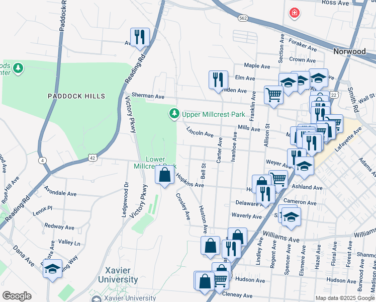 map of restaurants, bars, coffee shops, grocery stores, and more near 4303 Lowry Avenue in Cincinnati