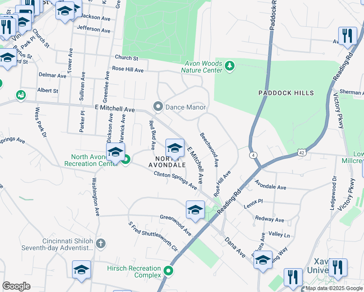 map of restaurants, bars, coffee shops, grocery stores, and more near 26 Burton Woods Lane in Cincinnati