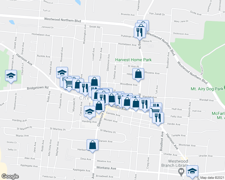 map of restaurants, bars, coffee shops, grocery stores, and more near 3832 Glenmore Avenue in Cincinnati