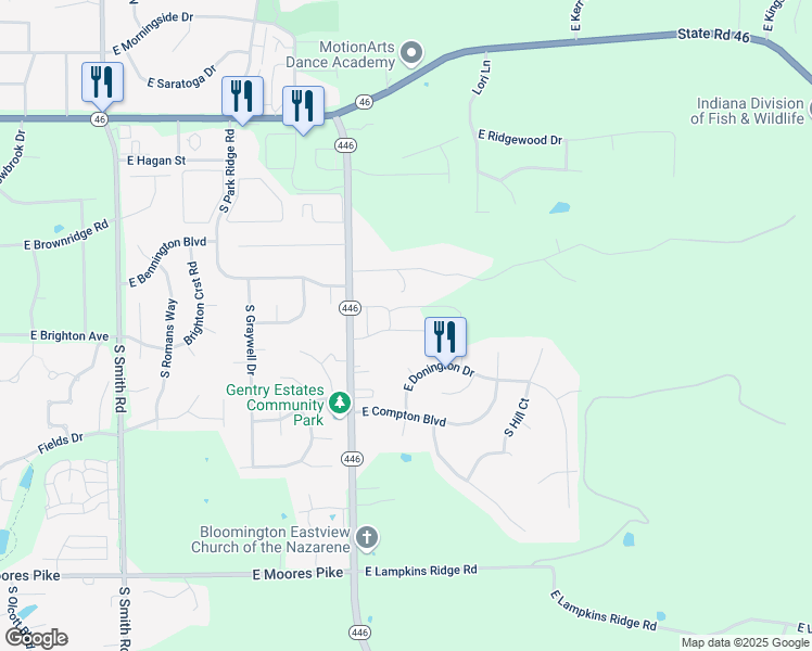 map of restaurants, bars, coffee shops, grocery stores, and more near 963 Knightridge Road in Bloomington