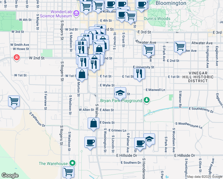 map of restaurants, bars, coffee shops, grocery stores, and more near 729 South Washington Street in Bloomington