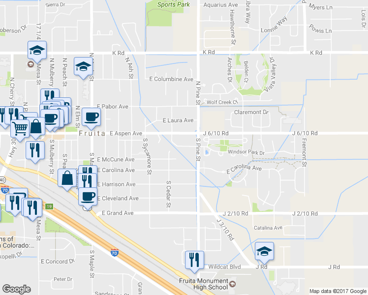map of restaurants, bars, coffee shops, grocery stores, and more near 1044 Cedar Way in Fruita