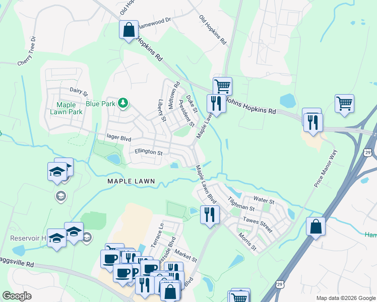 map of restaurants, bars, coffee shops, grocery stores, and more near 7656 Maple Lawn Boulevard in Fulton