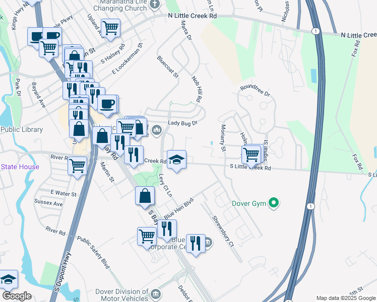 map of restaurants, bars, coffee shops, grocery stores, and more near 480 Country Drive in Dover