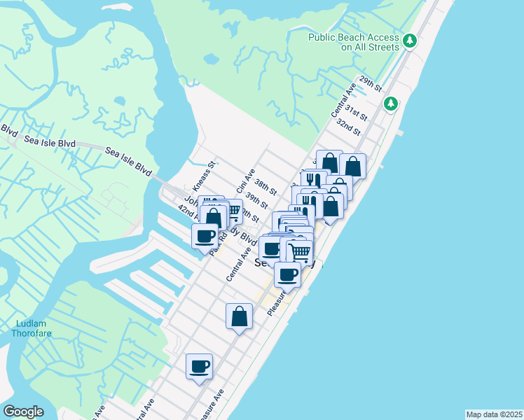 map of restaurants, bars, coffee shops, grocery stores, and more near 205 40th Street in Sea Isle City