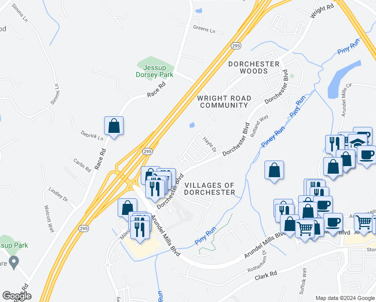 map of restaurants, bars, coffee shops, grocery stores, and more near 7652 Sandhurst Lane in Hanover