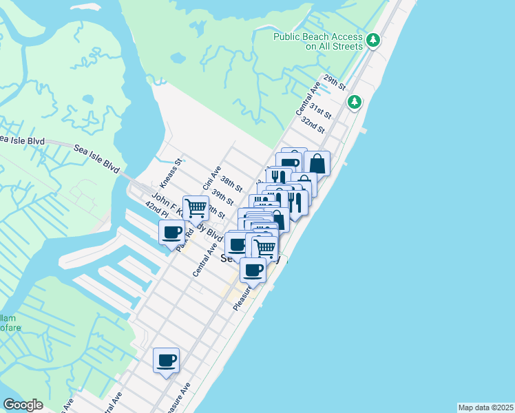 map of restaurants, bars, coffee shops, grocery stores, and more near 128 38th Street in Sea Isle City