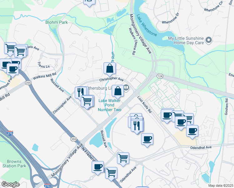 map of restaurants, bars, coffee shops, grocery stores, and more near 9806 Feathertree Terrace in Montgomery Village