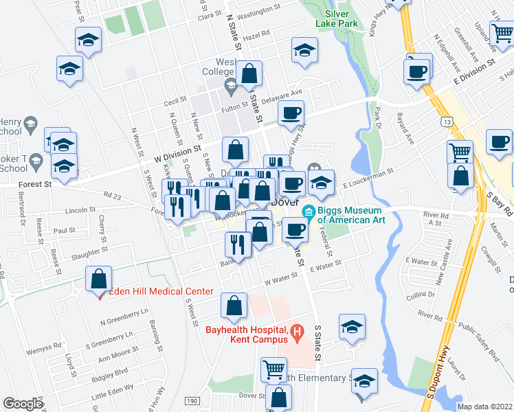 map of restaurants, bars, coffee shops, grocery stores, and more near 107 West Loockerman Street in Dover