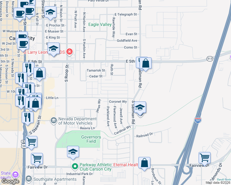 map of restaurants, bars, coffee shops, grocery stores, and more near 1340 Coronet Way in Carson City