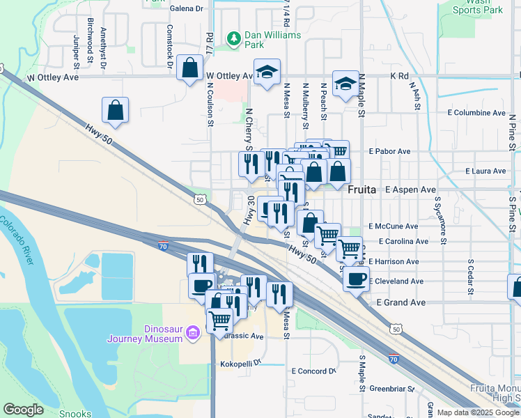 map of restaurants, bars, coffee shops, grocery stores, and more near 135 South Plum Street in Fruita