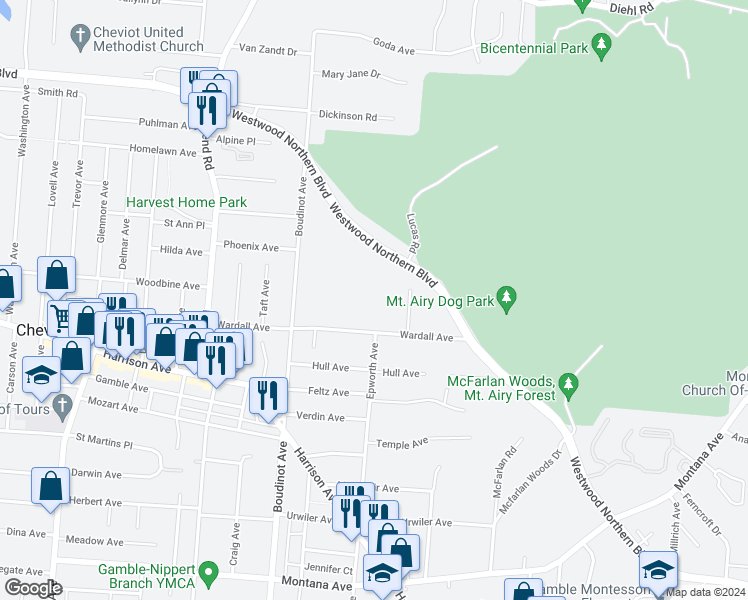 map of restaurants, bars, coffee shops, grocery stores, and more near 2996 Wardall Avenue in Cincinnati