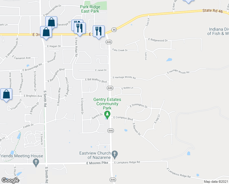 map of restaurants, bars, coffee shops, grocery stores, and more near 901 South Hastings Drive in Bloomington
