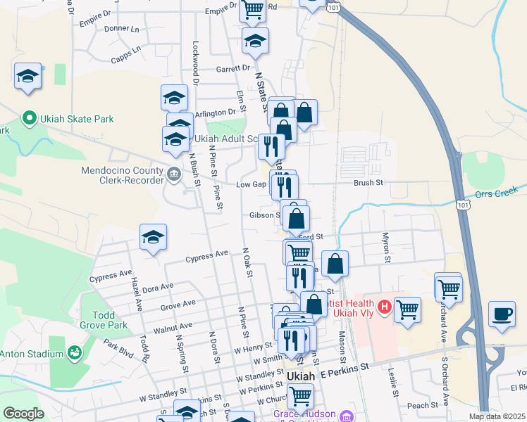 map of restaurants, bars, coffee shops, grocery stores, and more near 147 Gibson Street in Ukiah