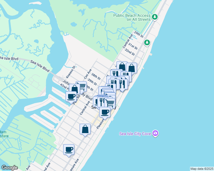 map of restaurants, bars, coffee shops, grocery stores, and more near 125 39th Street in Sea Isle City