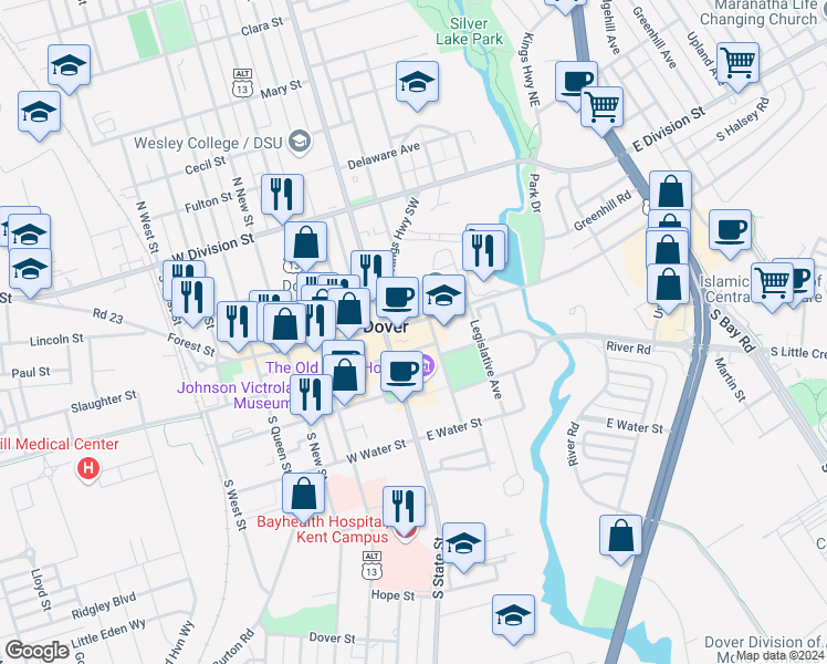 map of restaurants, bars, coffee shops, grocery stores, and more near 42 Main in Cheswold