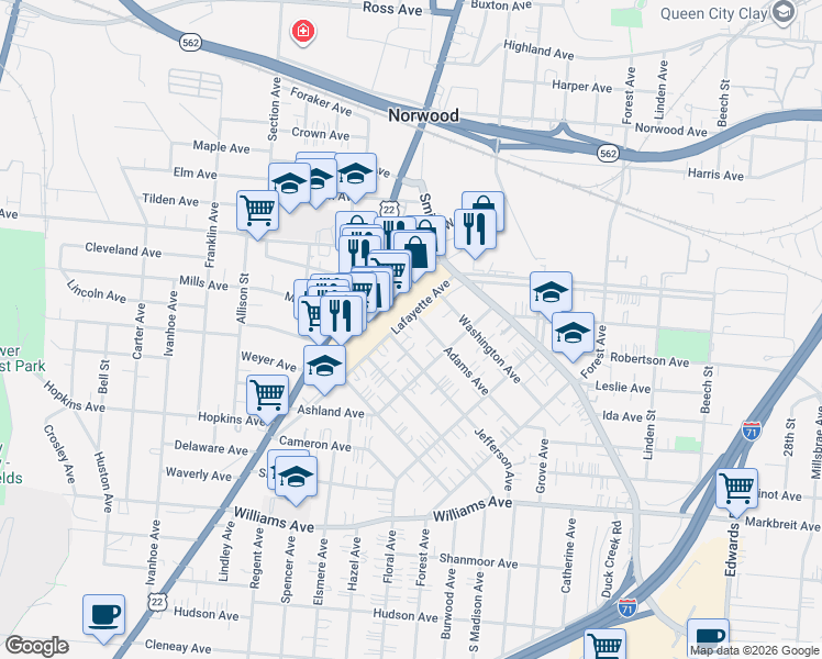 map of restaurants, bars, coffee shops, grocery stores, and more near 2220 Jefferson Avenue in Cincinnati