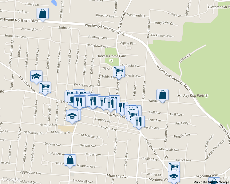 map of restaurants, bars, coffee shops, grocery stores, and more near 3858 North Bend Road in Cheviot
