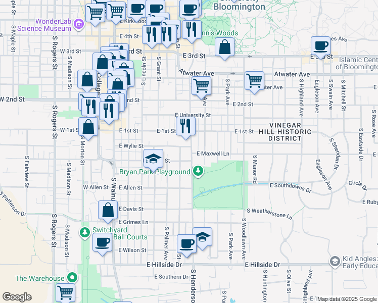 map of restaurants, bars, coffee shops, grocery stores, and more near 844 South Henderson Street in Bloomington