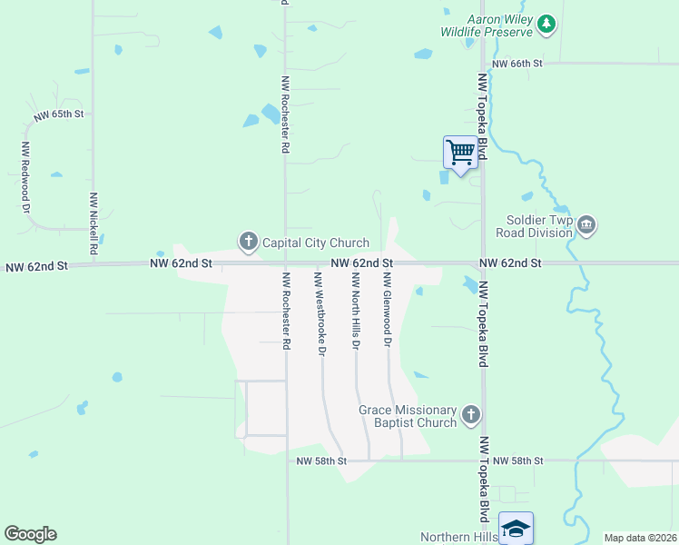 map of restaurants, bars, coffee shops, grocery stores, and more near 6142 NW Westbrooke Dr in Topeka