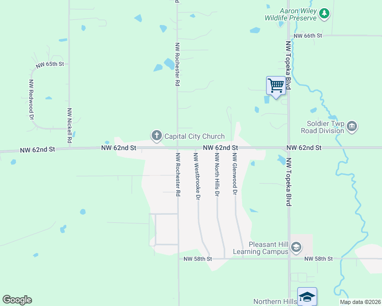 map of restaurants, bars, coffee shops, grocery stores, and more near 6142 NW Westbrooke Dr in Topeka
