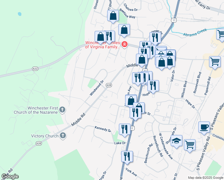 map of restaurants, bars, coffee shops, grocery stores, and more near 612 Crestview Terrace in Winchester