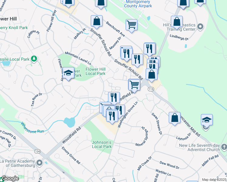 map of restaurants, bars, coffee shops, grocery stores, and more near 7905 Coriander Drive in Gaithersburg