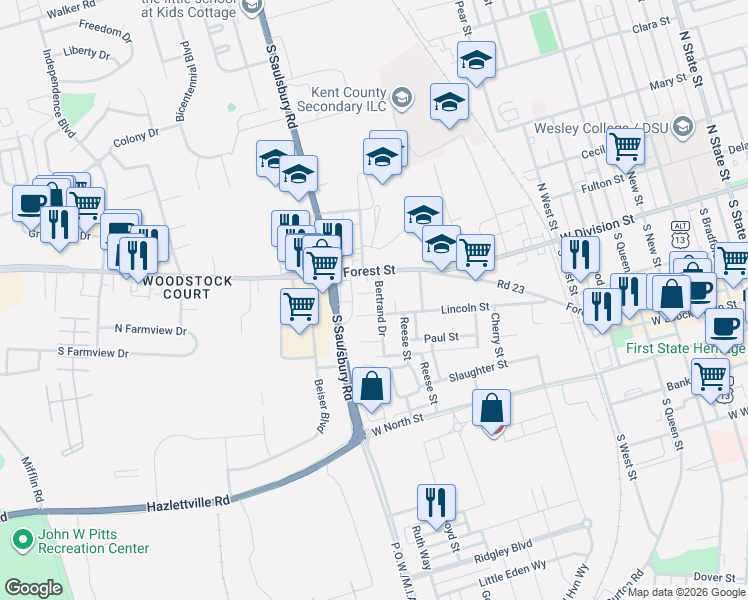 map of restaurants, bars, coffee shops, grocery stores, and more near 941 Lincoln Street in Dover