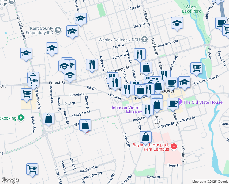 map of restaurants, bars, coffee shops, grocery stores, and more near 238 Railroad Avenue in Dover