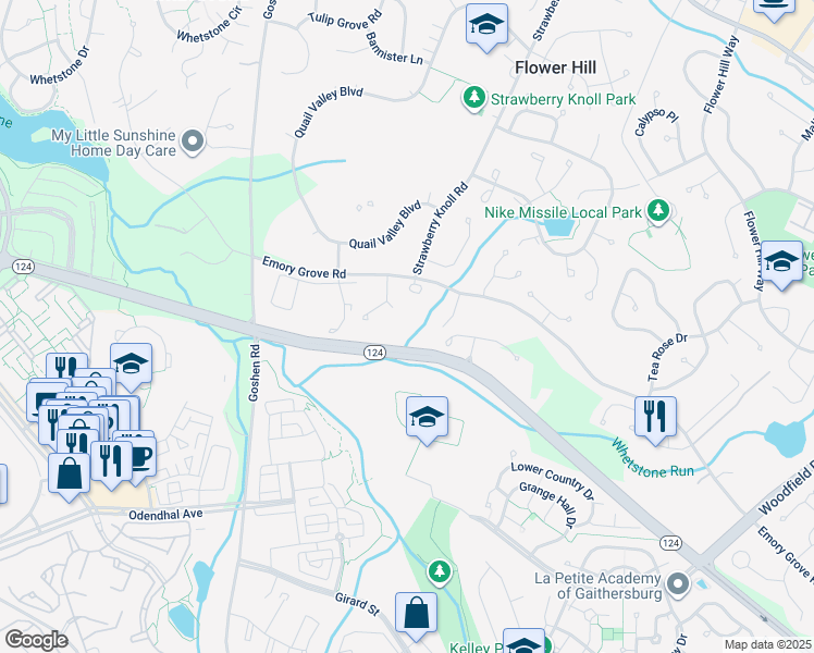 map of restaurants, bars, coffee shops, grocery stores, and more near 153 Emory Woods Court in Gaithersburg