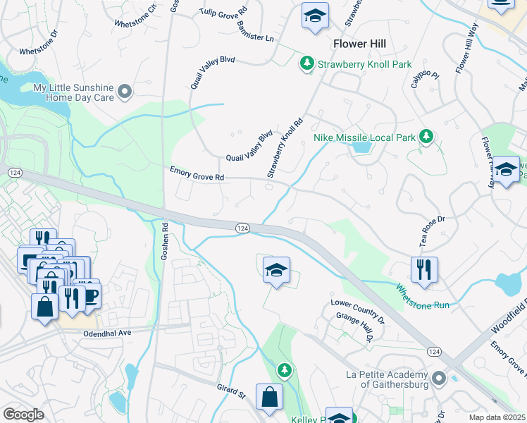 map of restaurants, bars, coffee shops, grocery stores, and more near 153 Emory Woods Court in Gaithersburg