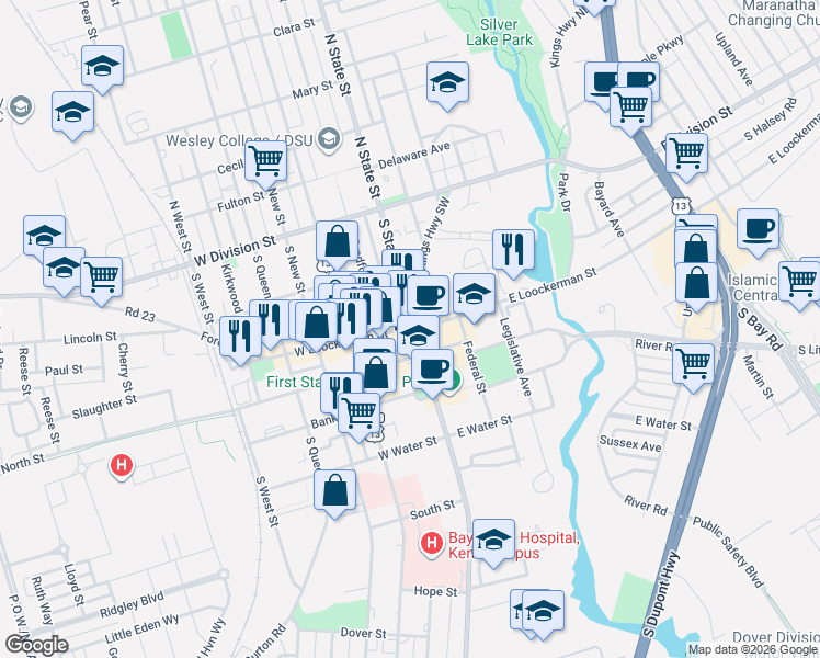 map of restaurants, bars, coffee shops, grocery stores, and more near 20 W Loockerman St in Dover
