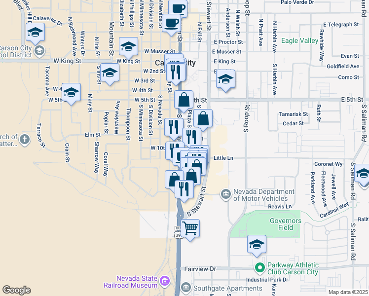 map of restaurants, bars, coffee shops, grocery stores, and more near 1055 South Carson Street in Carson City