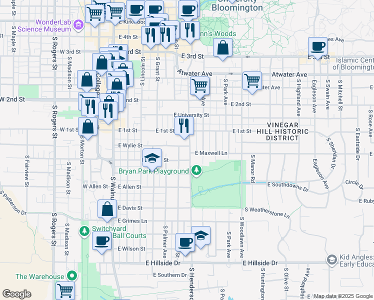 map of restaurants, bars, coffee shops, grocery stores, and more near 844 South Henderson Street in Bloomington