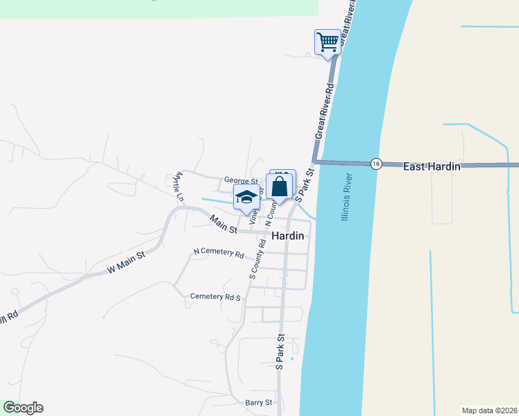 map of restaurants, bars, coffee shops, grocery stores, and more near 401 Vineyard Street in Hardin