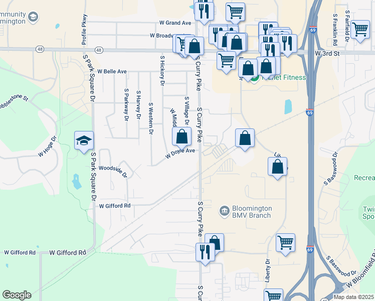 map of restaurants, bars, coffee shops, grocery stores, and more near 4101 West Doyle Avenue in Bloomington