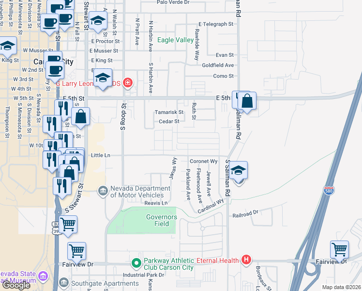 map of restaurants, bars, coffee shops, grocery stores, and more near 1196 Coronet Way in Carson City
