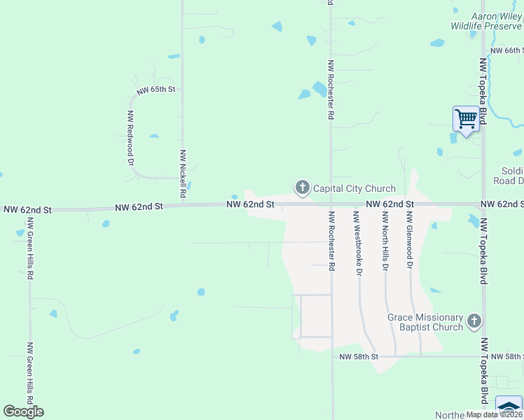 map of restaurants, bars, coffee shops, grocery stores, and more near 1149 Northwest 62nd Street in Topeka