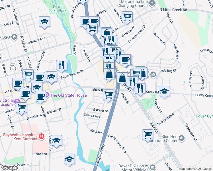 map of restaurants, bars, coffee shops, grocery stores, and more near 298 South Dupont Highway in Dover