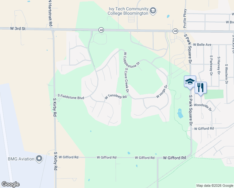 map of restaurants, bars, coffee shops, grocery stores, and more near W Tensleep Rd in Bloomington