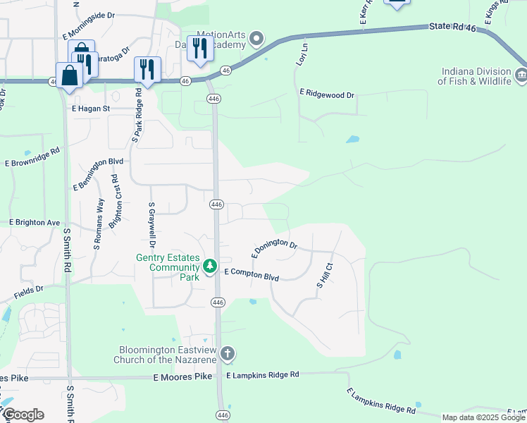 map of restaurants, bars, coffee shops, grocery stores, and more near 901 South Hastings Drive in Bloomington