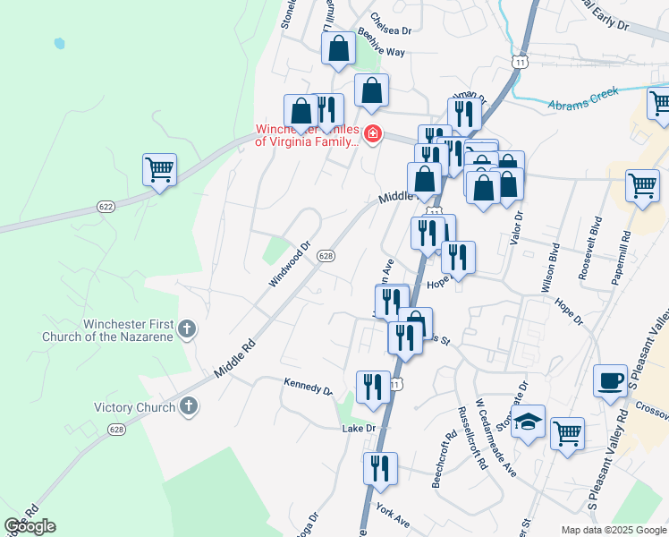 map of restaurants, bars, coffee shops, grocery stores, and more near 612 Crestview Terrace in Winchester
