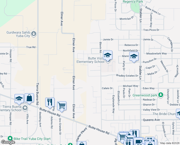 map of restaurants, bars, coffee shops, grocery stores, and more near 1986 Bradley Estates Drive in Yuba City