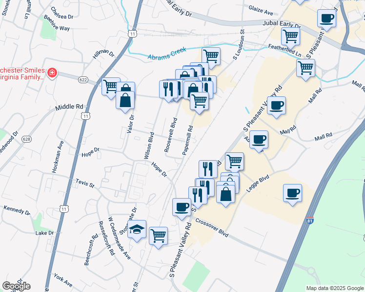 map of restaurants, bars, coffee shops, grocery stores, and more near 2342 Roosevelt Boulevard in Winchester