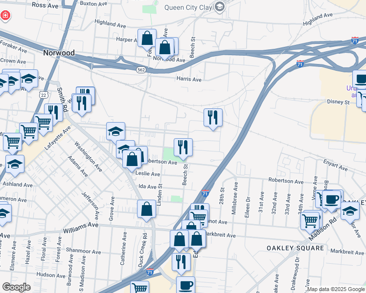 map of restaurants, bars, coffee shops, grocery stores, and more near 2648 Robertson Avenue in Norwood