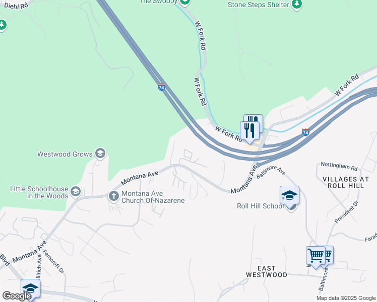 map of restaurants, bars, coffee shops, grocery stores, and more near 2396 Montana Avenue in Cincinnati