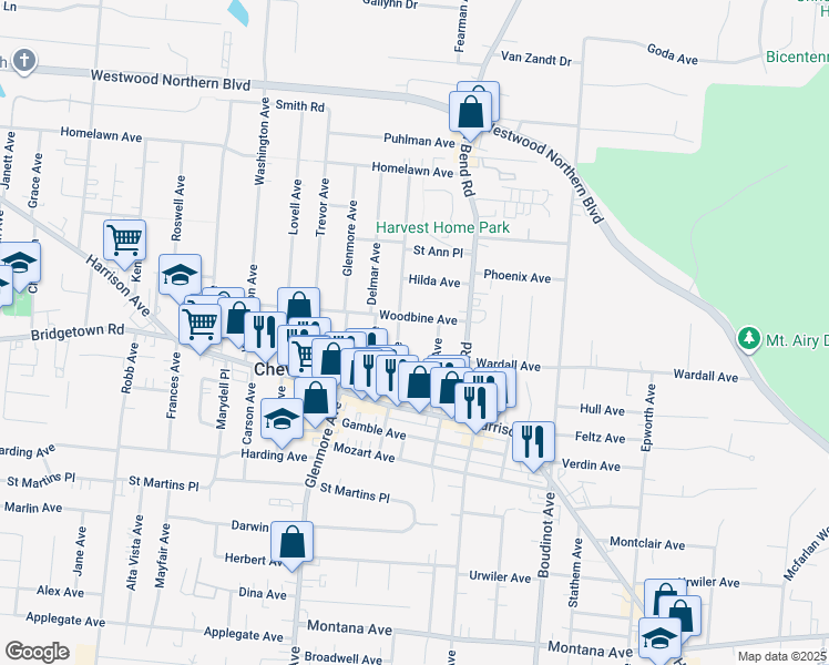 map of restaurants, bars, coffee shops, grocery stores, and more near 3845 Olivette Avenue in Cheviot