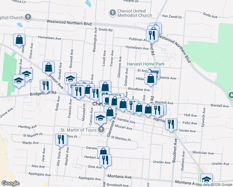 map of restaurants, bars, coffee shops, grocery stores, and more near 3832 Glenmore Avenue in Cincinnati